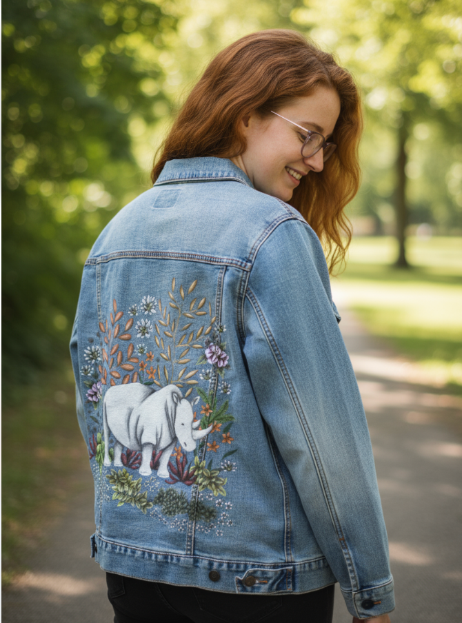 SAFARI RHINO by CECILIA BATTAINI, digitally printed on DENIM products: throw pillows, aprons, table place mats, and hand-made Unisex Denim Jackets in 3 color choices