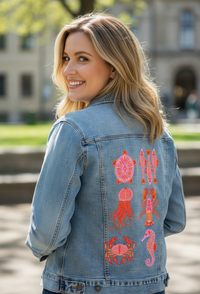 SEA ANIMALS by IndySign, digitally printed on DENIM products: throw pillows, aprons, table place mats, and hand-made Unisex Denim Jackets in 3 color choices