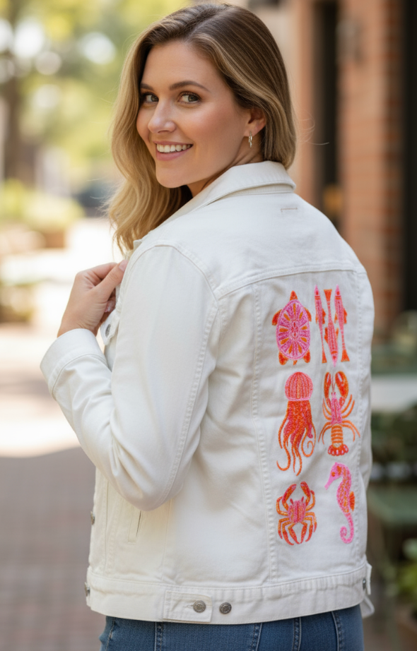 SEA ANIMALS by IndySign, digitally printed on DENIM products: throw pillows, aprons, table place mats, and hand-made Unisex Denim Jackets in 3 color choices