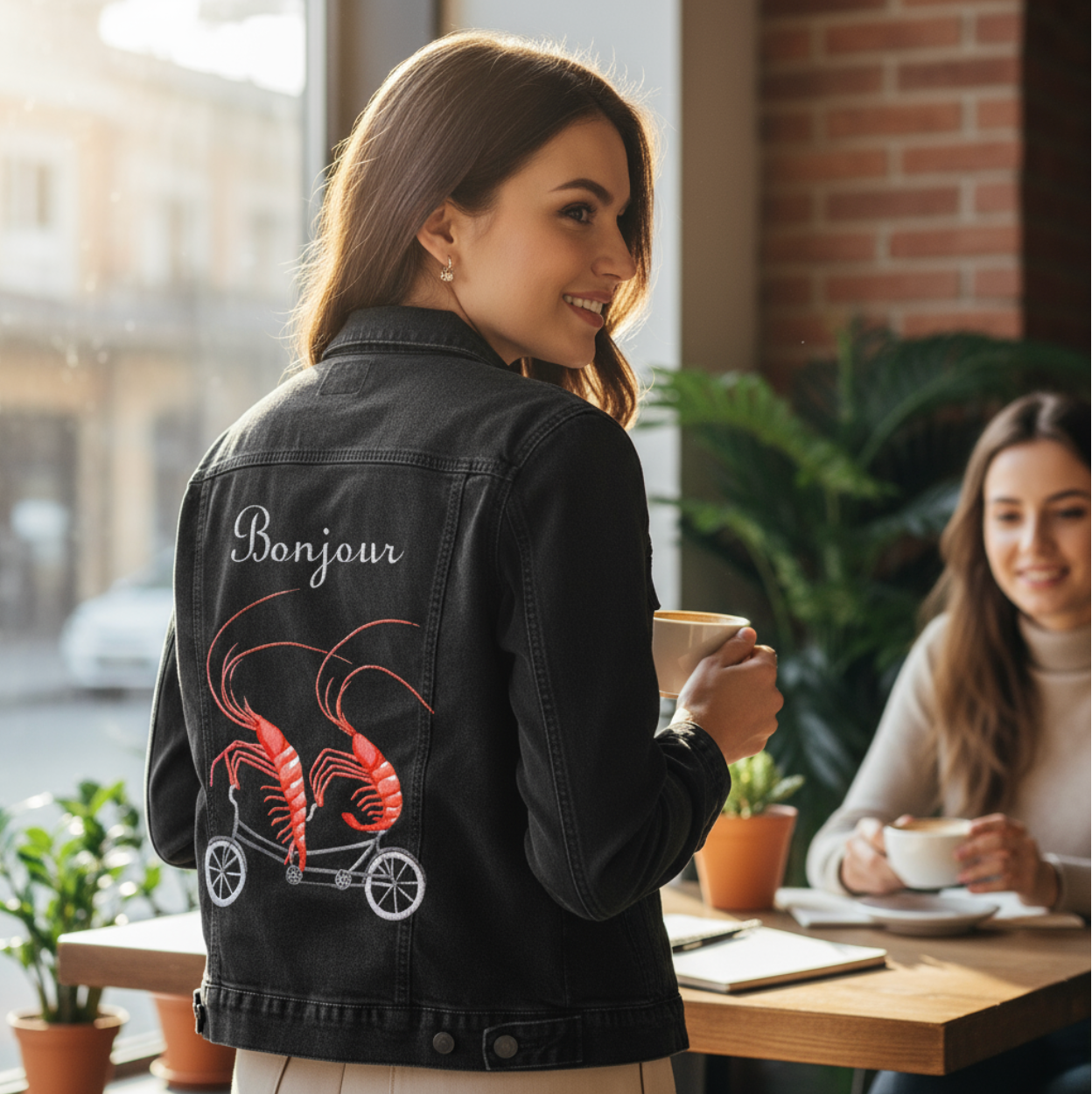 Woman holding a coffee cup in a cafe wearing a black denim jacket with shrimp riding a bicycle design
