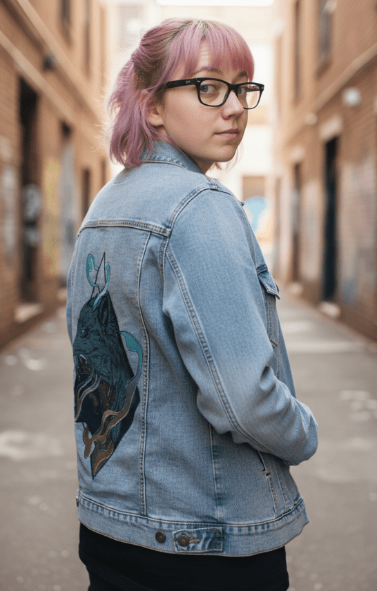 SKINWALKER by JESS ADAMS, digitally printed on DENIM products: throw pillows, aprons, table place mats, and hand-made Unisex Denim Jackets in 3 color choices SKINWALKER by JESS ADAMS, digitally printed on DENIM products: throw pillows, aprons, table place mats, and hand-made Unisex Denim Jackets in 3 color choices