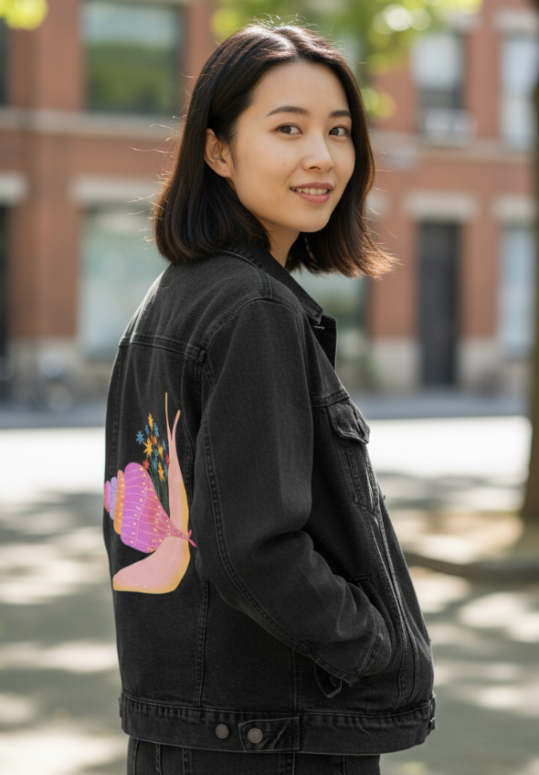 SNAIL MAIL by thearticsoul, digitally printed on DENIM products: throw pillows, aprons, table place mats, and hand-made Unisex Denim Jackets in 3 color choices