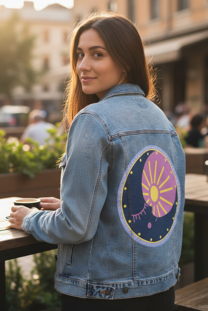 SOLUNA by HEND SHEHATA, digitally printed on DENIM products: throw pillows, aprons, table place mats, and hand-made Unisex Denim Jackets in 3 color choices