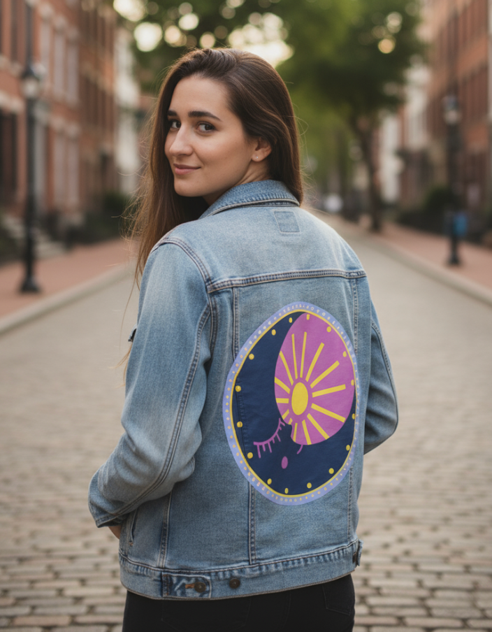 SOLUNA by HEND SHEHATA, digitally printed on DENIM products: throw pillows, aprons, table place mats, and hand-made Unisex Denim Jackets in 3 color choices