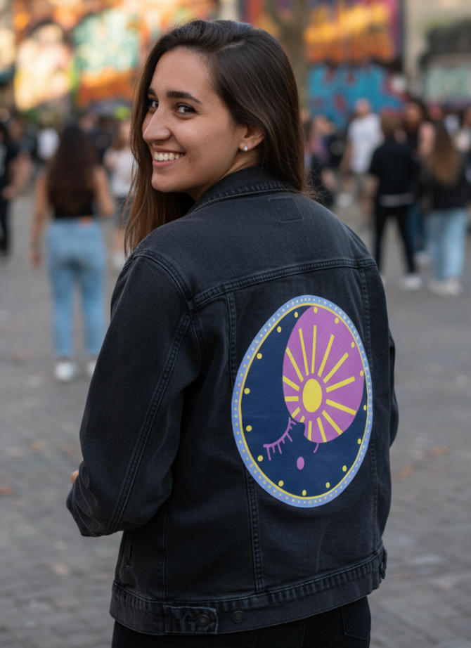 SOLUNA by HEND SHEHATA, digitally printed on DENIM products: throw pillows, aprons, table place mats, and hand-made Unisex Denim Jackets in 3 color choices