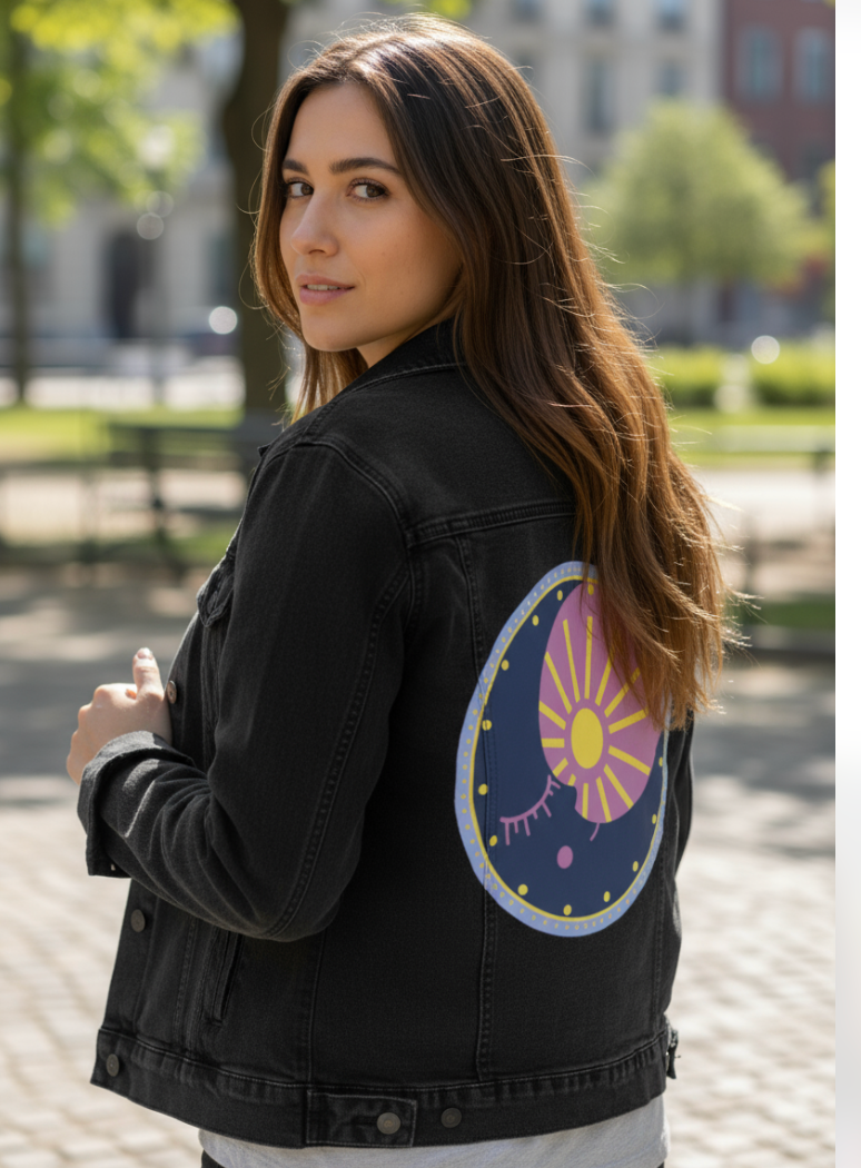 SOLUNA by HEND SHEHATA, digitally printed on DENIM products: throw pillows, aprons, table place mats, and hand-made Unisex Denim Jackets in 3 color choices