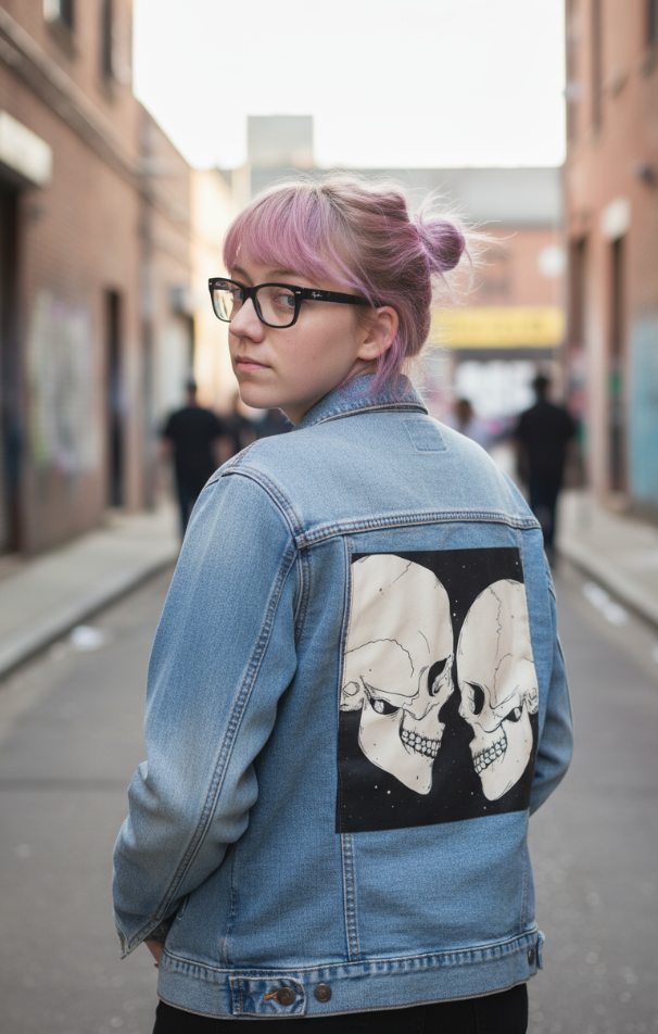 STAR CROSSED LOVERS by JESS ADAMS, digitally printed on DENIM products: throw pillows, aprons, table place mats, and hand-made Unisex Denim Jackets in 3 color choices