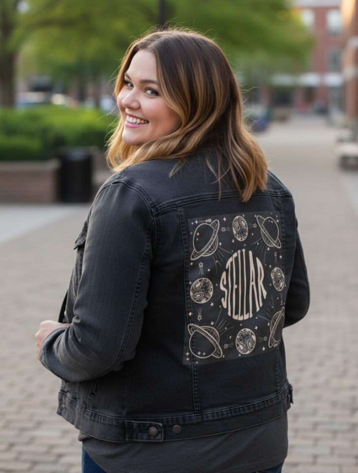 STELLAR by KITSCH AND CURATE, digitally printed on DENIM products: throw pillows, aprons, table place mats, and hand-made Unisex Denim Jackets in 3 color choices