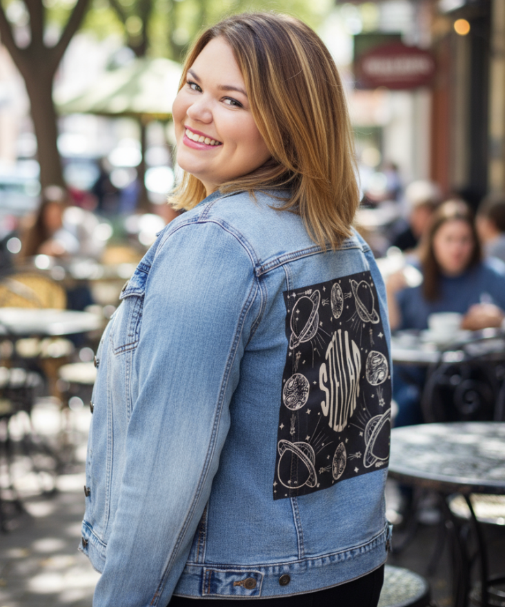 STELLAR by KITSCH AND CURATE, digitally printed on a hand-made Unisex Denim Jacket