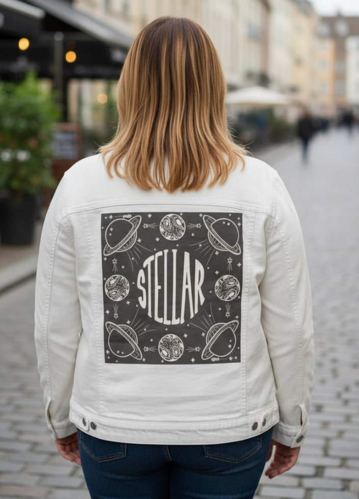 STELLAR by KITSCH AND CURATE, digitally printed on DENIM products: throw pillows, aprons, table place mats, and hand-made Unisex Denim Jackets in 3 color choices