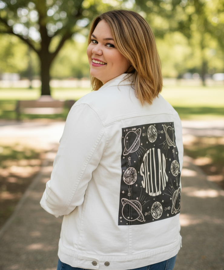 STELLAR by KITSCH AND CURATE, digitally printed on a hand-made Unisex Denim Jacket