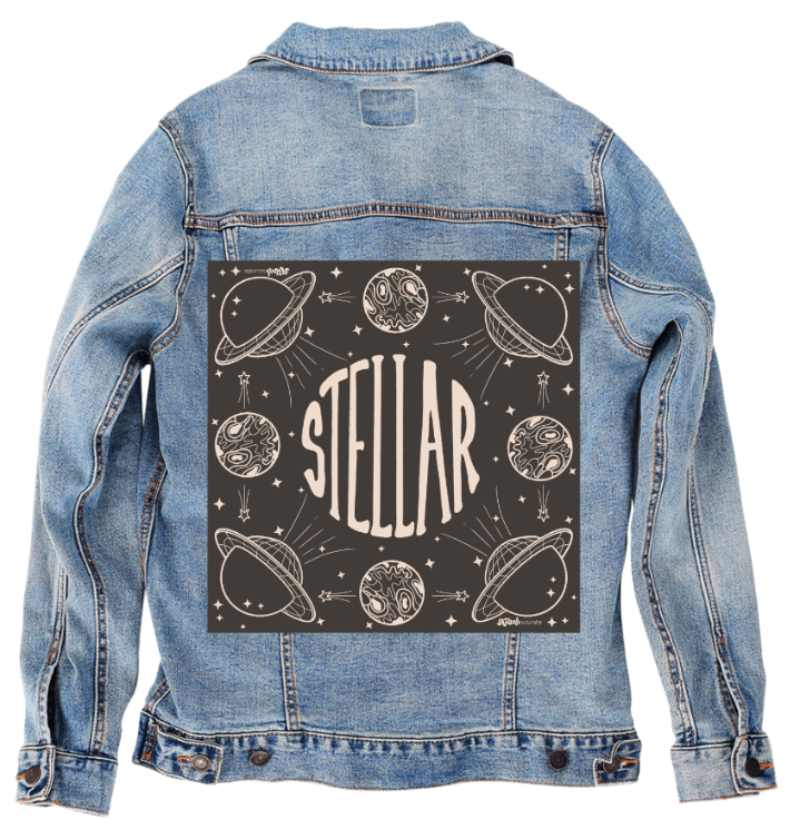 STELLAR by KITSCH AND CURATE, digitally printed on DENIM products: throw pillows, aprons, table place mats, and hand-made Unisex Denim Jackets in 3 color choices