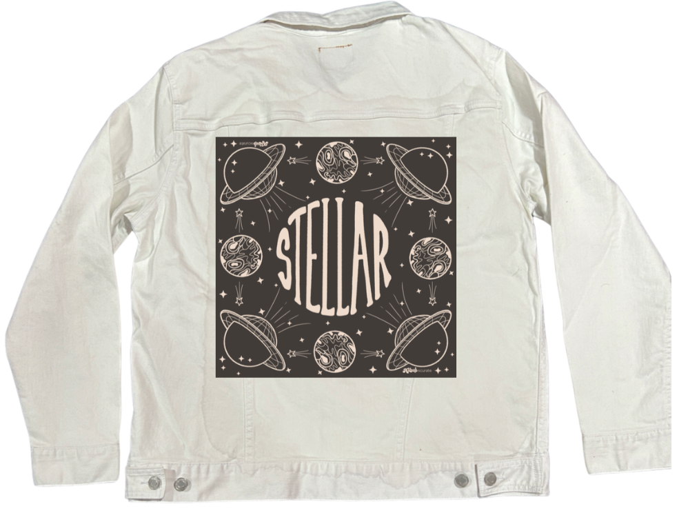 STELLAR by KITSCH AND CURATE, digitally printed on a hand-made Unisex Denim Jacket