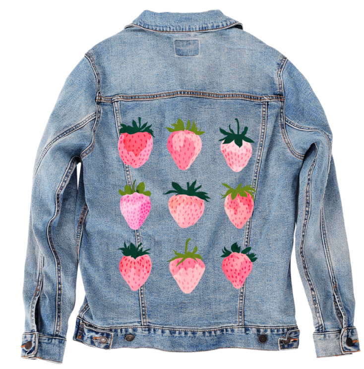 STRAWBERRY DREAMS by thearticsoul, digitally printed on DENIM products: throw pillows, aprons, table place mats, and hand-made Unisex Denim Jackets in 3 color choices