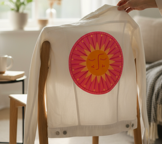 SUNBURST by HEND SHEHATA, digitally printed on DENIM products: throw pillows, aprons, table place mats, and hand-made Unisex Denim Jackets in 3 color choices