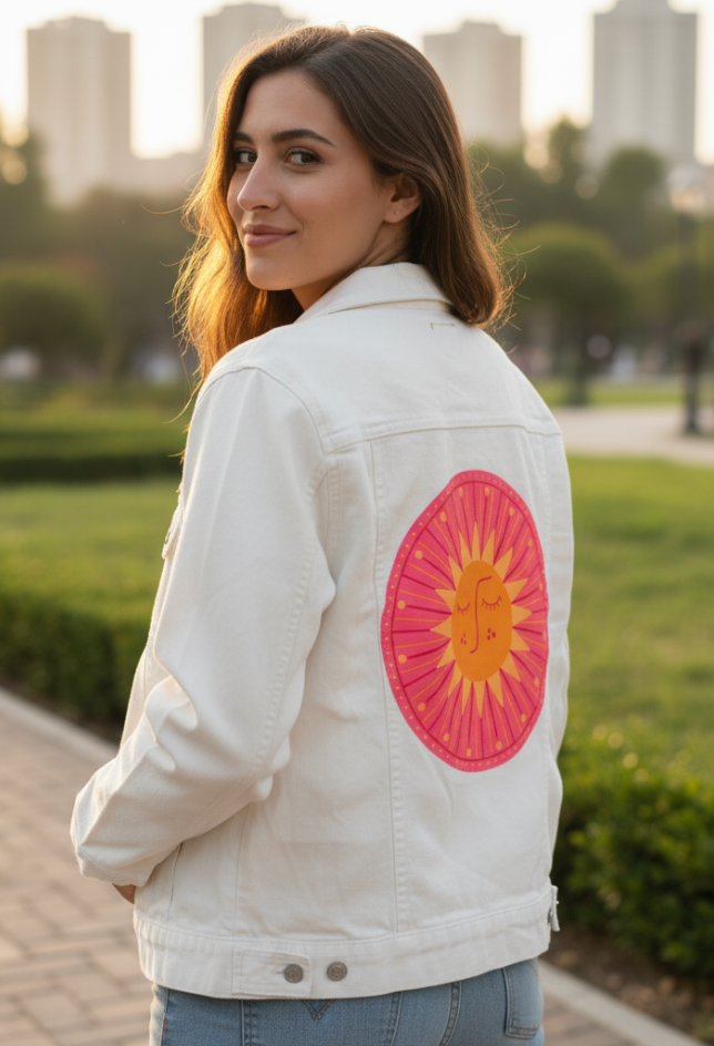 SUNBURST by HEND SHEHATA, digitally printed on DENIM products: throw pillows, aprons, table place mats, and hand-made Unisex Denim Jackets in 3 color choices