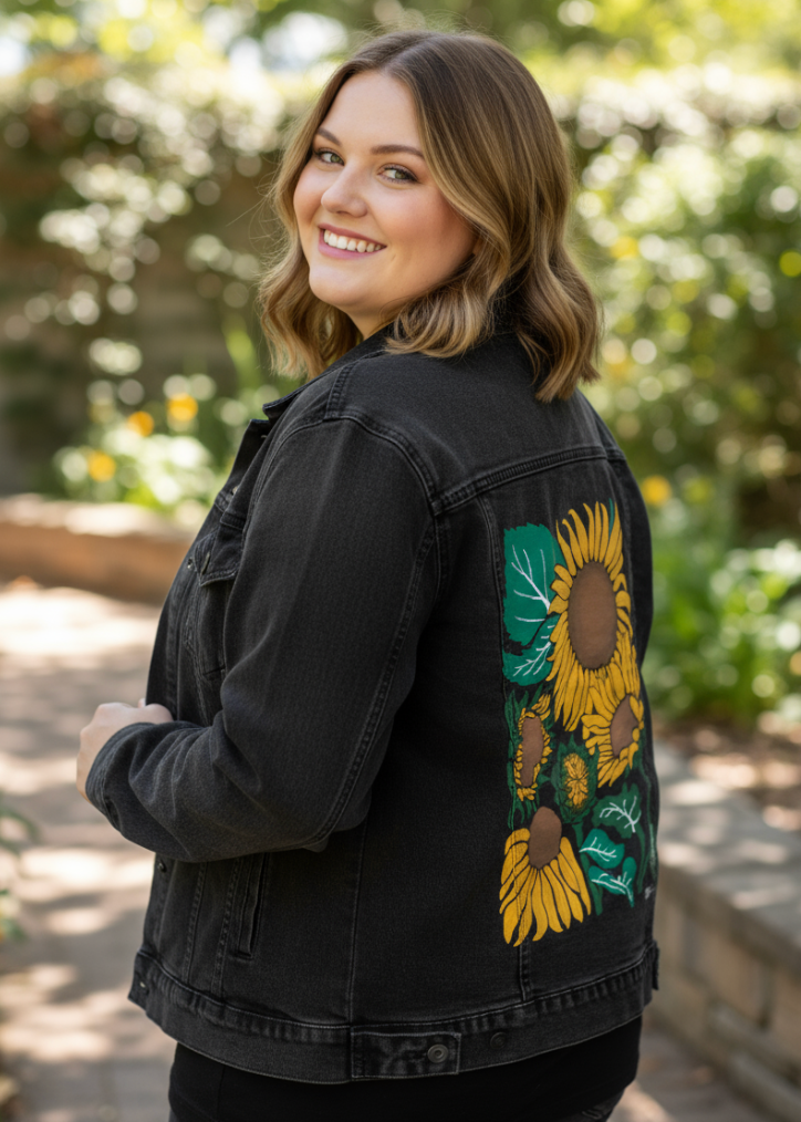 SUNFLOWER by KITSCH AND CURATE, digitally printed on DENIM products: throw pillows, aprons, table place mats, and hand-made Unisex Denim Jackets in 3 color choices
