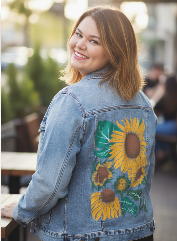 SUNFLOWER by KITSCH AND CURATE, digitally printed on a hand-made Unisex Denim Jacket