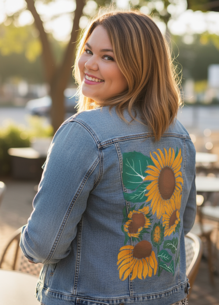 SUNFLOWER by KITSCH AND CURATE, digitally printed on a hand-made Unisex Denim Jacket