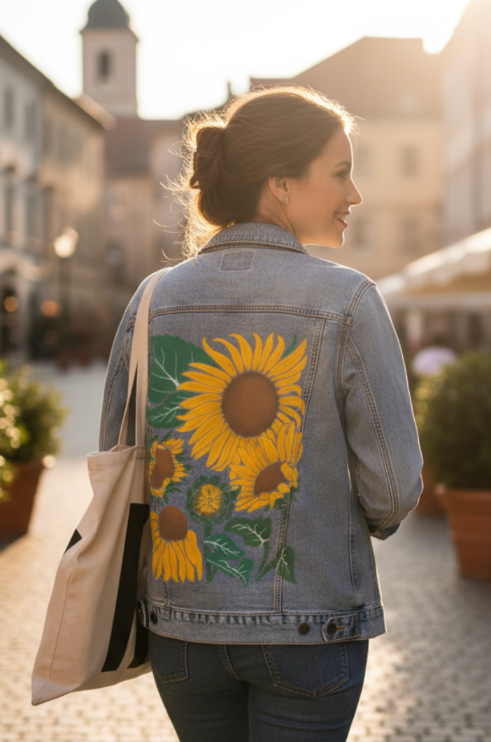 SUNFLOWER by KITSCH AND CURATE, digitally printed on DENIM products: throw pillows, aprons, table place mats, and hand-made Unisex Denim Jackets in 3 color choices