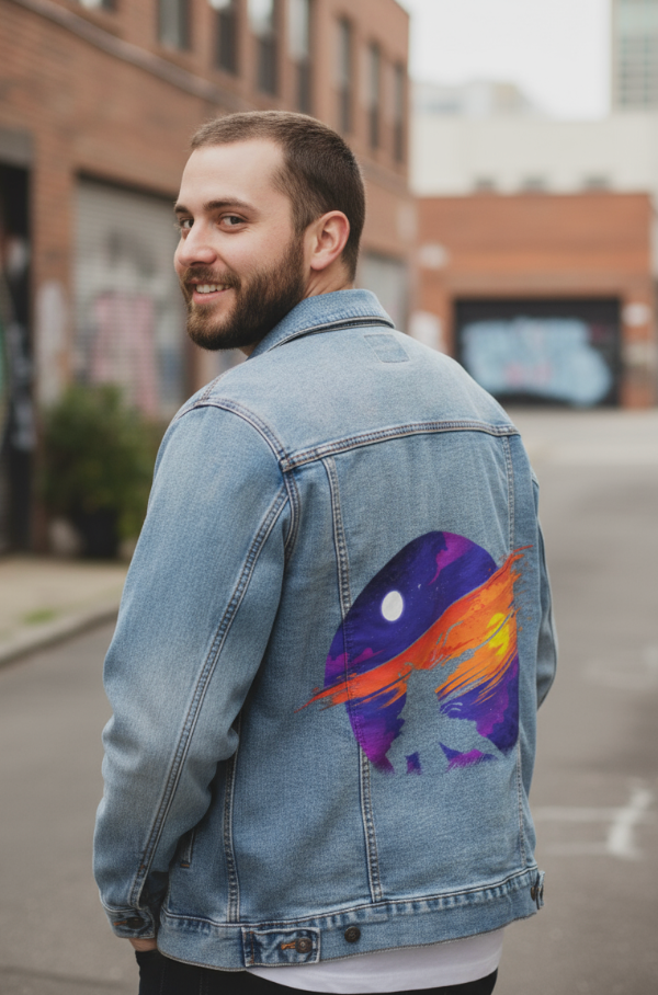 SUNSET SAMURAI by TOBE FONSECA, digitally printed on DENIM products: throw pillows, aprons, table place mats, and hand-made Unisex Denim Jackets in 3 color choices