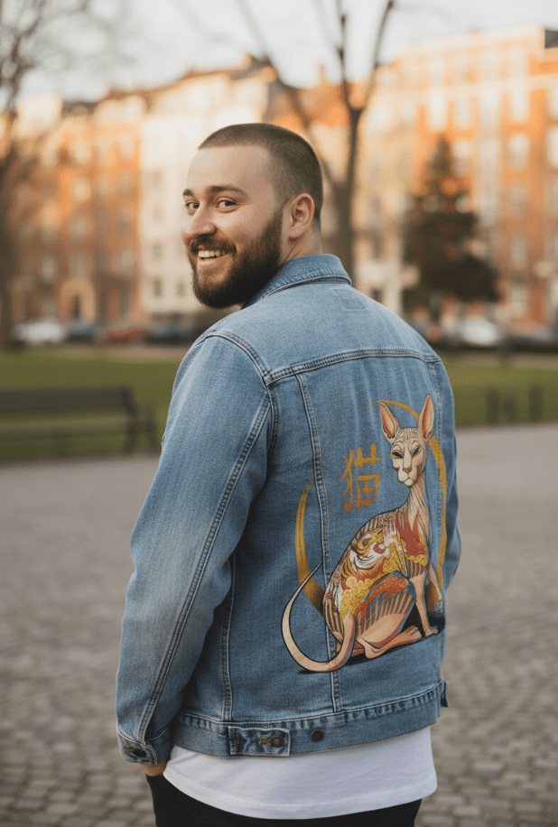 YAKUZA CAT by TOBE FONSECA, digitally printed on DENIM products: throw pillows, aprons, table place mats, and hand-made Unisex Denim Jackets in 3 color choices YAKUZA CAT by TOBE FONSECA, digitally printed on DENIM products: throw pillows, aprons, table place mats, and hand-made Unisex Denim Jackets in 3 color choices