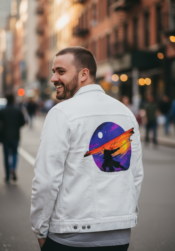 SUNSET SAMURAI by TOBE FONSECA, digitally printed on DENIM products: throw pillows, aprons, table place mats, and hand-made Unisex Denim Jackets in 3 color choices