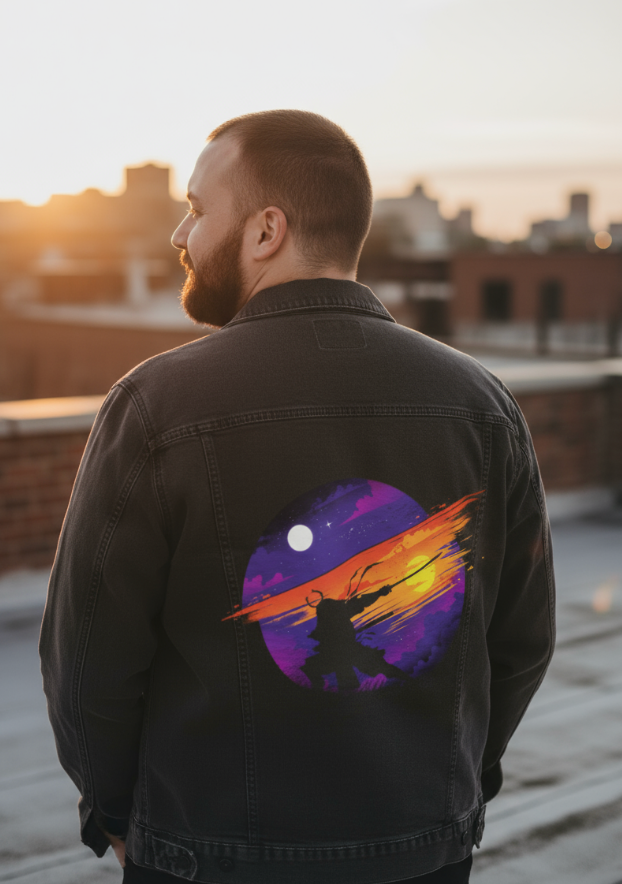 SUNSET SAMURAI by TOBE FONSECA, digitally printed on DENIM products: throw pillows, aprons, table place mats, and hand-made Unisex Denim Jackets in 3 color choices