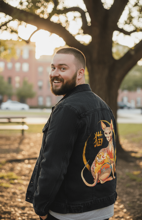 YAKUZA CAT by TOBE FONSECA, digitally printed on DENIM products: throw pillows, aprons, table place mats, and hand-made Unisex Denim Jackets in 3 color choices YAKUZA CAT by TOBE FONSECA, digitally printed on DENIM products: throw pillows, aprons, table place mats, and hand-made Unisex Denim Jackets in 3 color choices