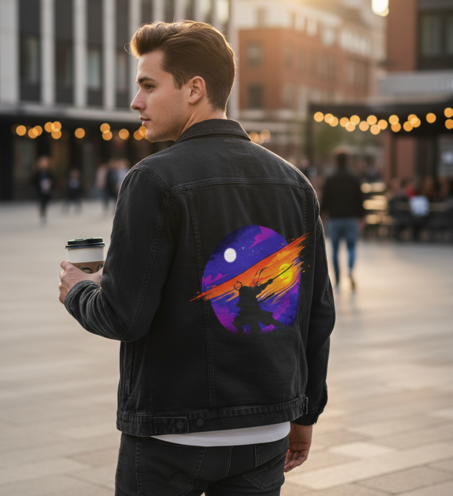 SUNSET SAMURAI by TOBE FONSECA, digitally printed on DENIM products: throw pillows, aprons, table place mats, and hand-made Unisex Denim Jackets in 3 color choices