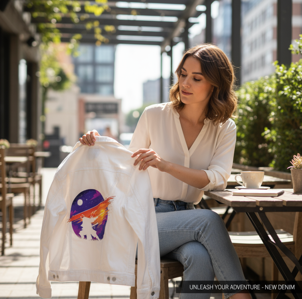 SUNSET SAMURAI by TOBE FONSECA, digitally printed on DENIM products: throw pillows, aprons, table place mats, and hand-made Unisex Denim Jackets in 3 color choices