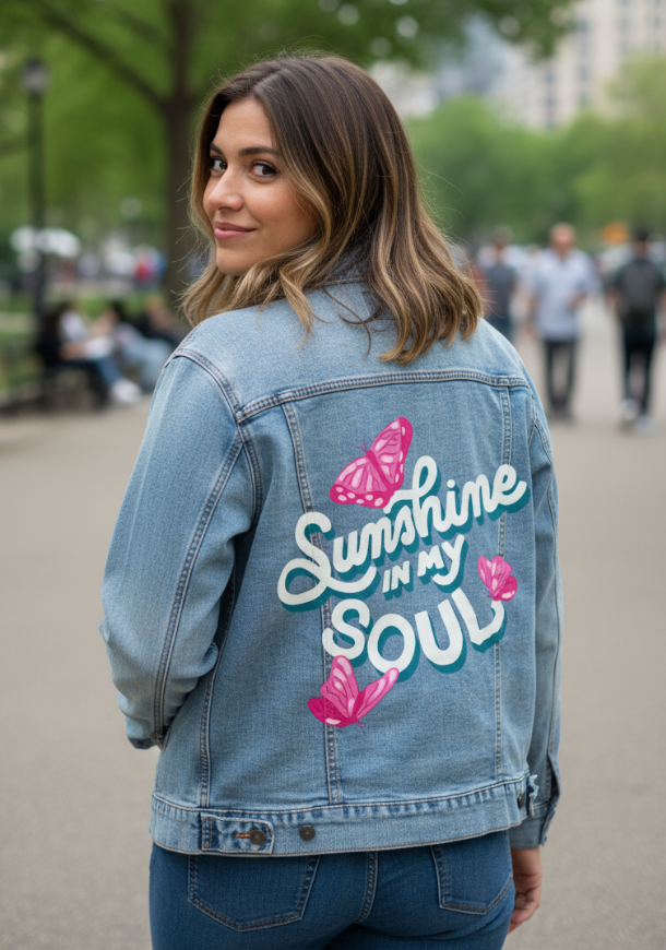 SUNSHINE IN MY SOUL by IndySign, digitally printed on DENIM products: throw pillows, aprons, table place mats, and hand-made Unisex Denim Jackets in 3 color choices