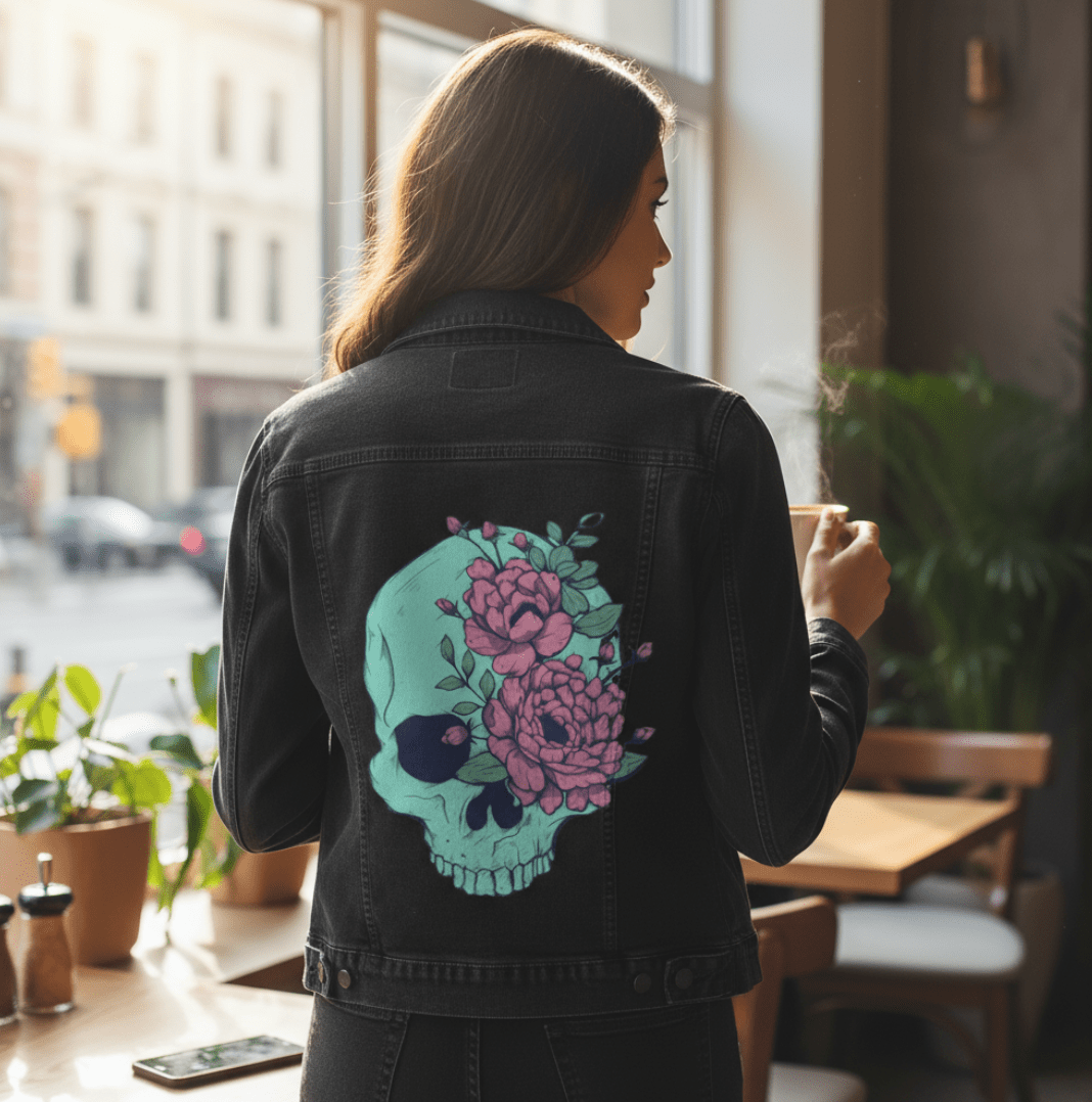 BLUE FLORAL SKULL by JESS ADAMS, digitally printed on DENIM products: throw pillows, aprons, table place mats, and hand-made Unisex Denim Jackets in 3 color choices Blue Floral Skull by Jess Adams, on a hand-made Denim Jacket with 3 color choices: Stonewash, White, or Black. Unisex XS S M L XL 2X 3X. USA hand-made and USA digitally printed. Ships free within the USA & also ships Internationally.