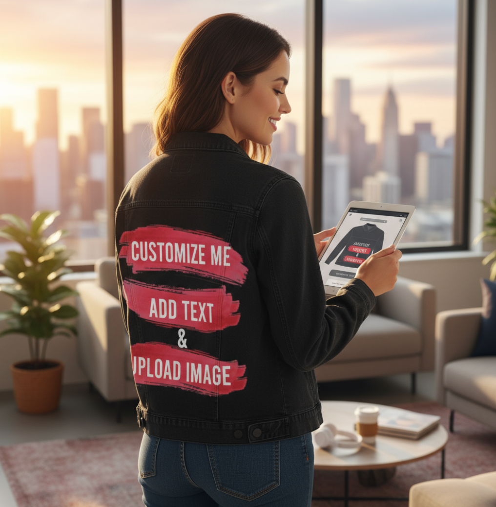 Customize & Design your own Denim Jacket (hand-made) with 3 color choices of jacket: Stonewash, White, or Black. Unisex XS S M L XL 2X 3X. USA hand-crafted and USA digitally printed. Ships free within the USA & also ships Internationally.