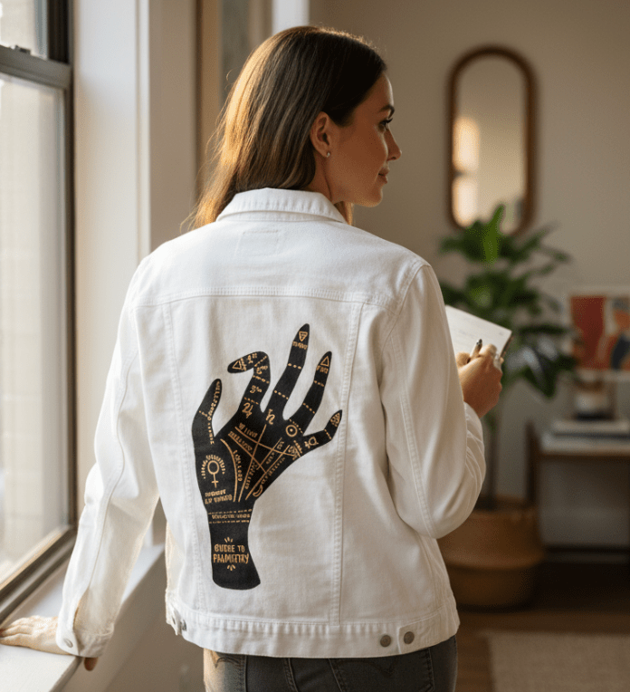 Printed Denim Jacket PALMISTRY by CatCoq, digitally printed on DENIM products: throw pillows, aprons, table place mats, and hand-made Unisex Denim Jackets in 3 color choices PALMISTRY by CatCoq, digitally printed on DENIM products: throw pillows, aprons, table place mats, and hand-made Unisex Denim Jackets in 3 color choices
