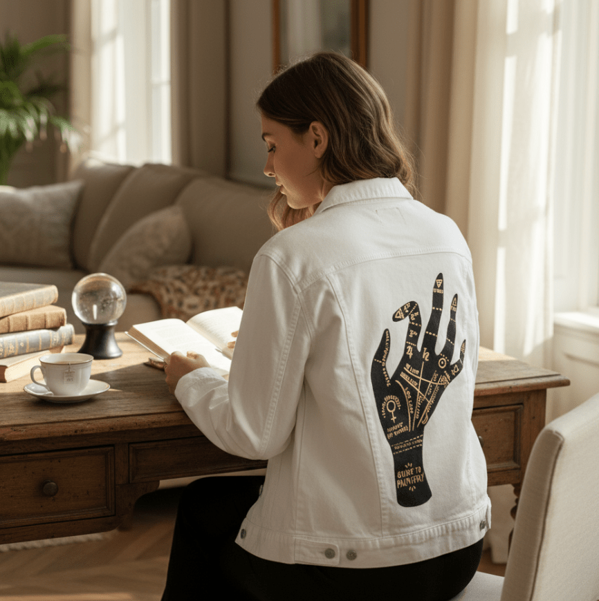 Printed Denim Jacket PALMISTRY by CatCoq, digitally printed on DENIM products: throw pillows, aprons, table place mats, and hand-made Unisex Denim Jackets in 3 color choices PALMISTRY by CatCoq, digitally printed on DENIM products: throw pillows, aprons, table place mats, and hand-made Unisex Denim Jackets in 3 color choices