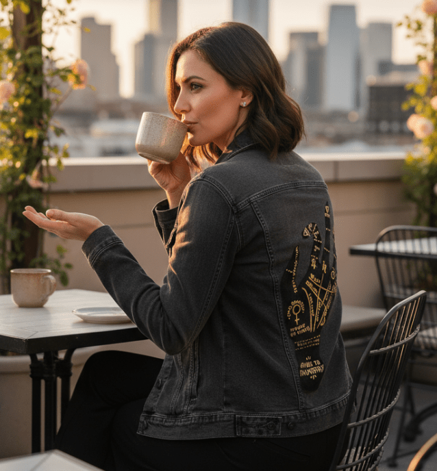 Printed Denim Jacket PALMISTRY by CatCoq, digitally printed on DENIM products: throw pillows, aprons, table place mats, and hand-made Unisex Denim Jackets in 3 color choices PALMISTRY by CatCoq, digitally printed on DENIM products: throw pillows, aprons, table place mats, and hand-made Unisex Denim Jackets in 3 color choices