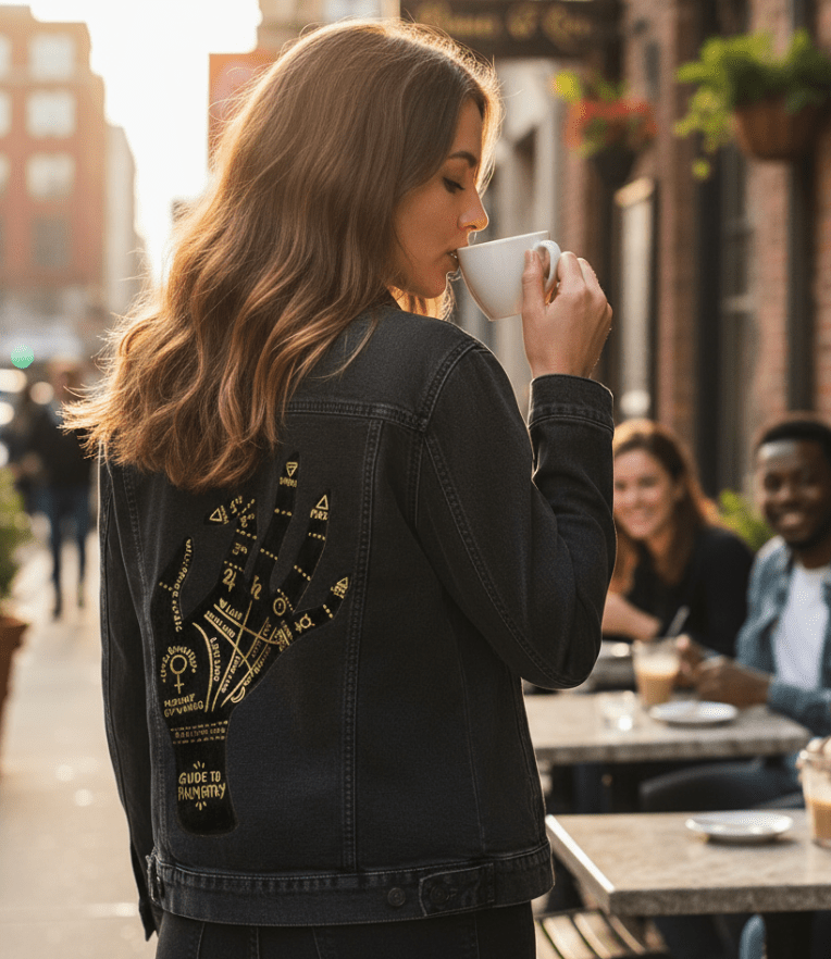 Printed Denim Jacket PALMISTRY by CatCoq, digitally printed on DENIM products: throw pillows, aprons, table place mats, and hand-made Unisex Denim Jackets in 3 color choices PALMISTRY by CatCoq, digitally printed on DENIM products: throw pillows, aprons, table place mats, and hand-made Unisex Denim Jackets in 3 color choices