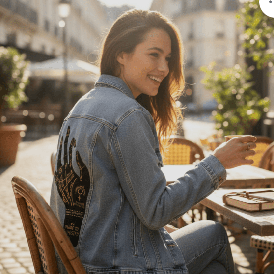 Printed Denim Jacket PALMISTRY by CatCoq, digitally printed on DENIM products: throw pillows, aprons, table place mats, and hand-made Unisex Denim Jackets in 3 color choices PALMISTRY by CatCoq, digitally printed on DENIM products: throw pillows, aprons, table place mats, and hand-made Unisex Denim Jackets in 3 color choices