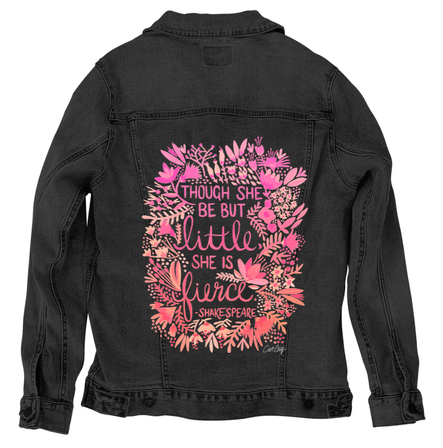 Printed Denim Jacket LITTLE & FIERCE by CatCoq, digitally printed on DENIM products: throw pillows, aprons, table place mats, and hand-made Unisex Denim Jackets in 3 color choices LITTLE & FIERCE by CatCoq, digitally printed on DENIM products: throw pillows, aprons, table place mats, and hand-made Unisex Denim Jackets in 3 color choices