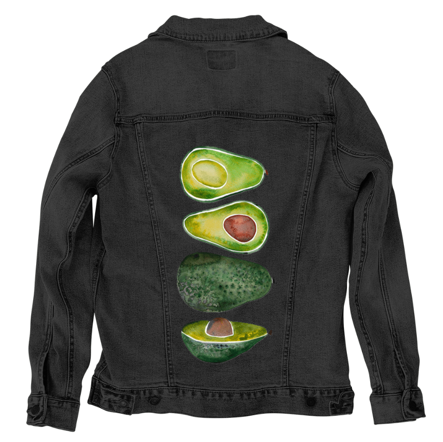 AVOCADO SLICES by CatCoq, digitally printed on DENIM products: throw pillows, aprons, table place mats, and hand-made Unisex Denim Jackets in 3 color choices AVOCADO SLICES by CatCoq, digitally printed on DENIM products: throw pillows, aprons, table place mats, and hand-made Unisex Denim Jackets in 3 color choices