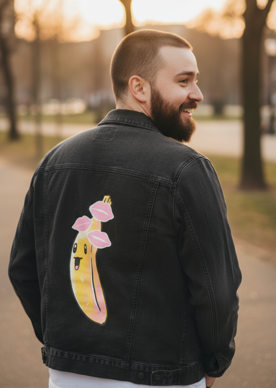 BANANA KISSES by TOBE FONSECA, digitally printed on DENIM products: throw pillows, aprons, table place mats, and hand-made Unisex Denim Jackets in 3 color choices