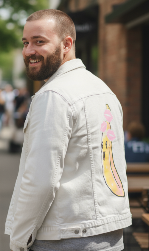 BANANA KISSES by TOBE FONSECA, digitally printed on DENIM products: throw pillows, aprons, table place mats, and hand-made Unisex Denim Jackets in 3 color choices