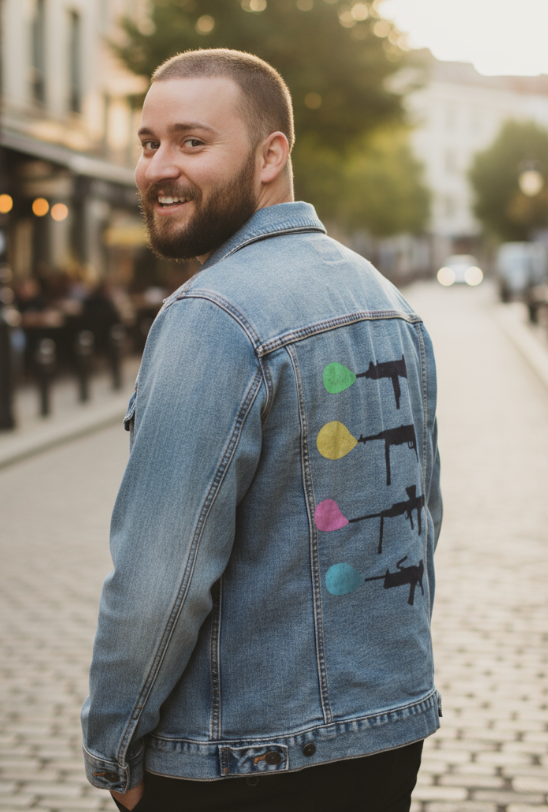 BUBBLE GUM by TOBE FONSECA, digitally printed on DENIM products: throw pillows, aprons, table place mats, and hand-made Unisex Denim Jackets in 3 color choices