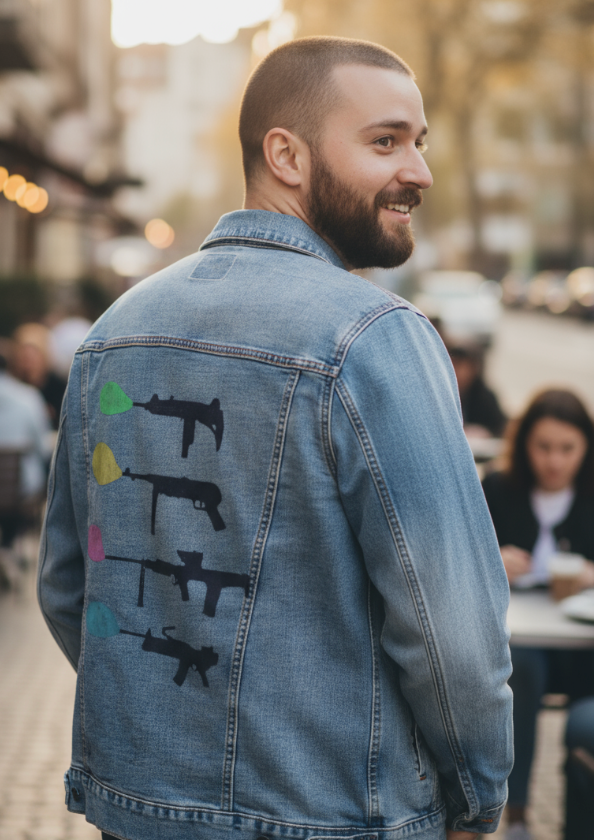 BUBBLE GUM by TOBE FONSECA, digitally printed on DENIM products: throw pillows, aprons, table place mats, and hand-made Unisex Denim Jackets in 3 color choices