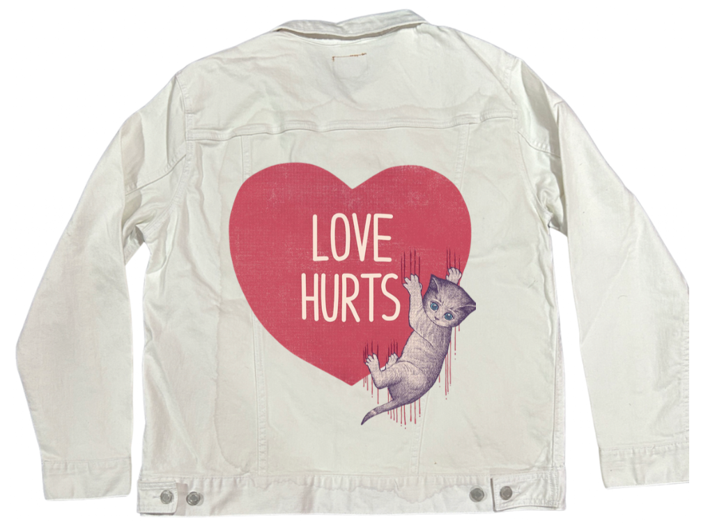 LOVE HURTS by TOBE FONSECA, digitally printed on DENIM products: throw pillows, aprons, table place mats, and hand-made Unisex Denim Jackets in 3 color choices