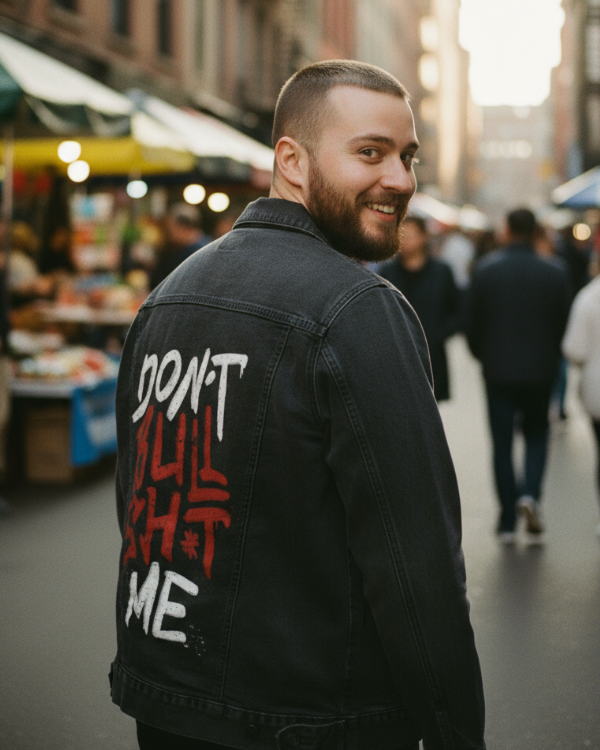 DON'T BULLSHIT ME, by TOBE FONSECA, digitally printed on DENIM products: throw pillows, aprons, table place mats, and hand-made Unisex Denim Jackets in 3 color choices