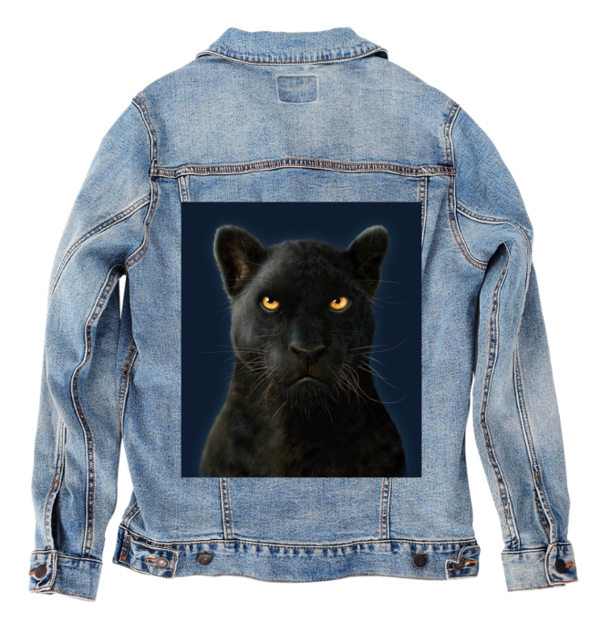 BLACK PANTHER by VINCENT HIE, digitally printed on DENIM products: throw pillows, aprons, table place mats, and hand-made Unisex Denim Jackets in 3 color choices