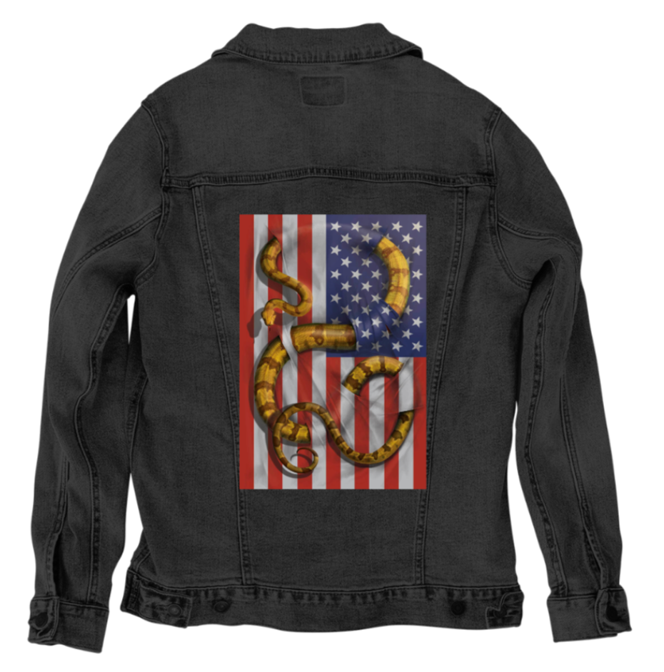 BOA CONSTRICTOR by VINCENT HIE, digitally printed on DENIM products: throw pillows, aprons, table place mats, and hand-made Unisex Denim Jackets in 3 color choices