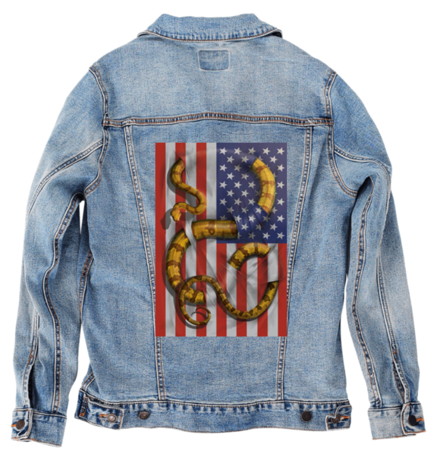 BOA CONSTRICTOR by VINCENT HIE, digitally printed on DENIM products: throw pillows, aprons, table place mats, and hand-made Unisex Denim Jackets in 3 color choices